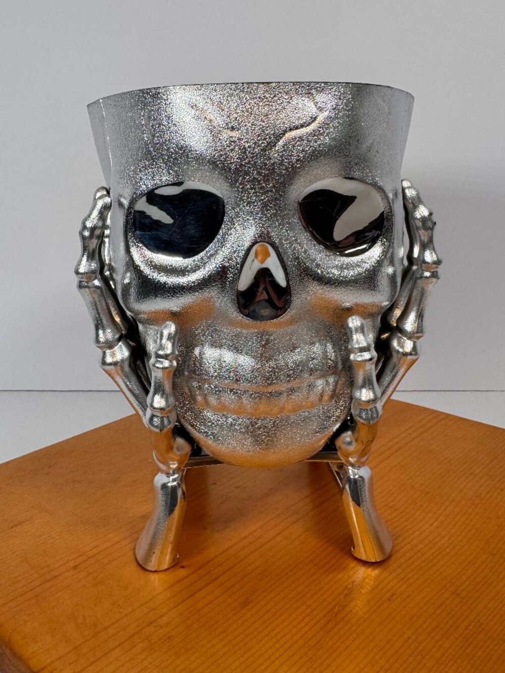 Silver toned Skull Skeleton Hands candy bowl.